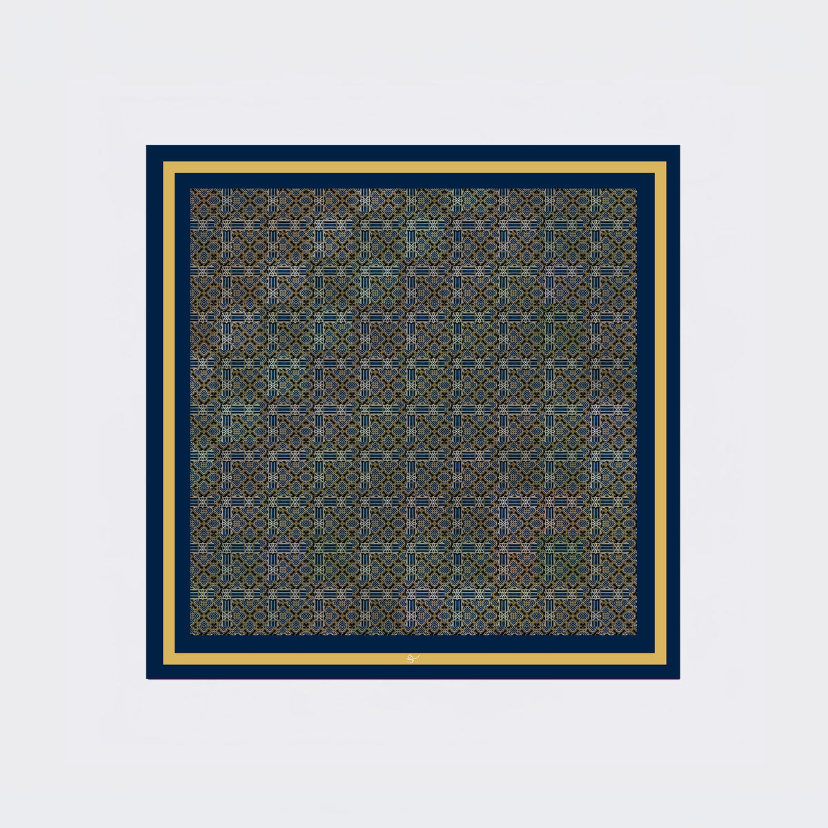 Carré en soie 90 x 90 cm, motif LES CORDES DORÉES DU LABYRINTHE, d'après une toile d'Antoine Gerber