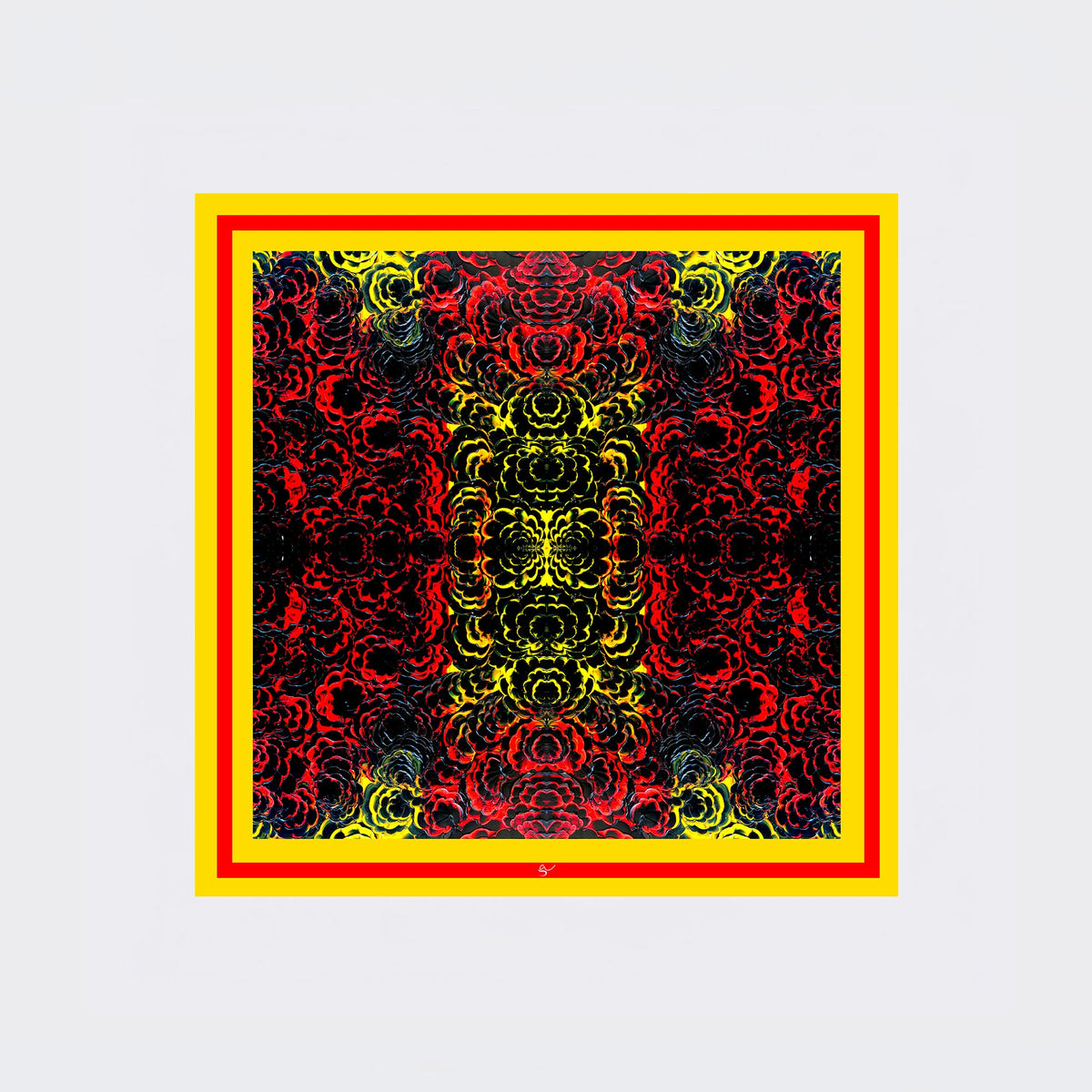 Carré en soie 90 x 90 cm, motif L'ÉVEIL DU FEU, d'après une toile d'Antoine Gerber